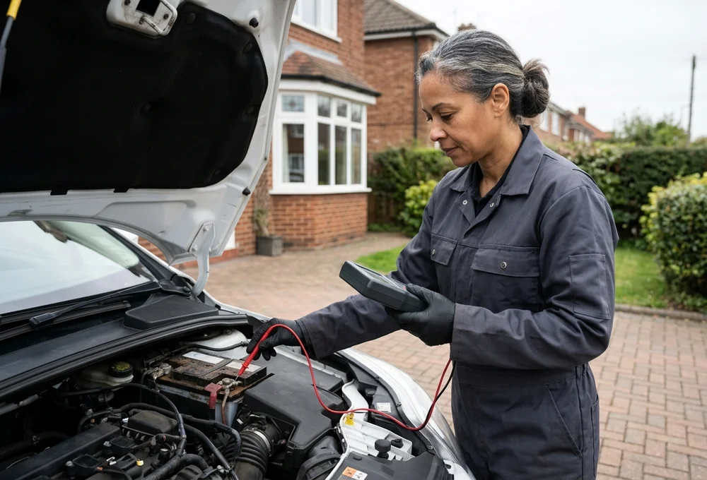 Mechanic testing a car battery with a handheld meter at a home location