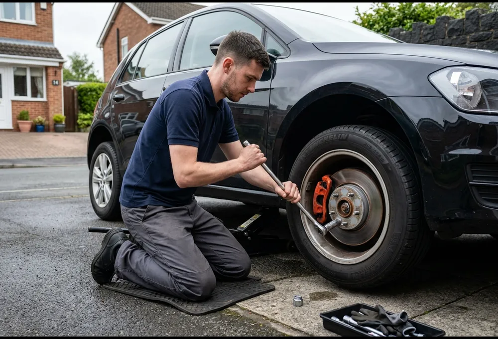 Mechanic removing a wheel to inspect brake discs and pads on a York driveway