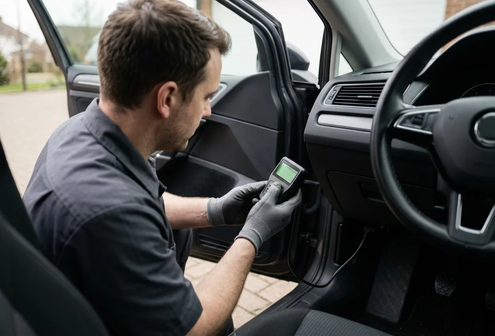 Diagnostic tablet connected to a car OBD port on a York driveway