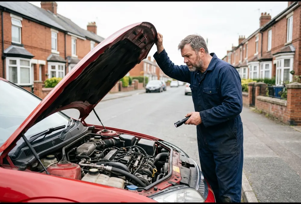 Mobile mechanic checking a car with the bonnet open on a York residential street