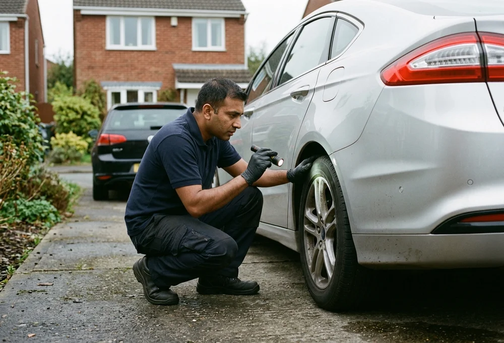Inspector checking vehicle condition checklist beside a used car in daylight