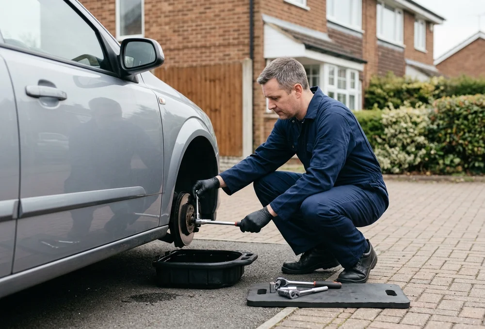 Mechanic preparing oil change tools beside a car on a York driveway
